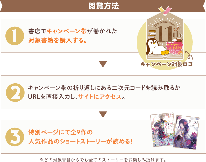 閲覧方法　①書店でキャンペーン帯が巻かれた対象書籍を購入する。このロゴマークが目印！▼②キャンペーン帯の折り返しにある二次元コードを読み取るかURLを直接入力し、サイトにアクセス。▼③特別ページにて全9作の人気作品のショートストーリーが読める！※どの対象書籍からでも全てのストーリーをお楽しみ頂けます。