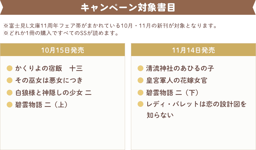 ※富士見L文庫11周年フェア帯がまかれている10月・11月の新刊が対象となります。※どれか1冊の購入ですべてのSSが読めます。▼10月15日発売「かくりよの宿飯 十三」「その巫女は悪女につき」「白狼様と神隠しの少女 二」「碧雲物語 二（上）」▼11月14日発売「清流神社のあひるの子」「皇宮軍人の花嫁女官」
「碧雲物語 二（下）」「レディ・バレットは恋の設計図を知らない」
